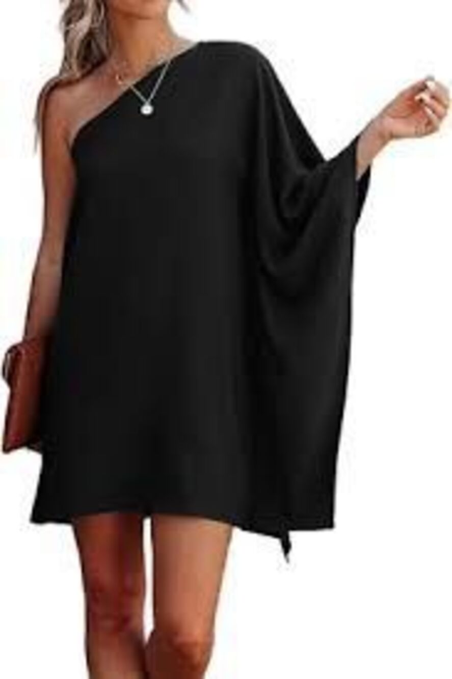 OQQ One Shoulder Mini Dress Black Loose Batwing Sleeve Witchy Fall Size S NEW